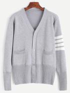 Romwe Heather Grey Striped V Neck Pockets Sweater Coat
