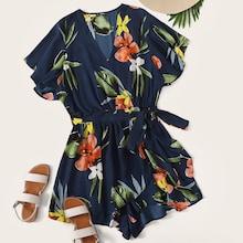 Romwe Plus Surplice Wrap Belted Floral Print Romper