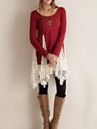 Romwe Red Long Sleeve Lace Embellished T-shirt