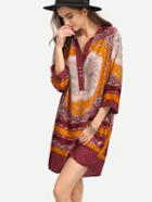 Romwe Tribal Print Buttoned Placket Tunic Dress - Red