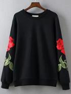 Romwe Black Rose Embroidery Round Neck Sweatshirt