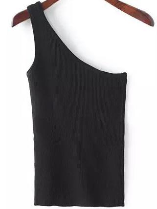 Romwe One-shoulder Knit Black Tank Top