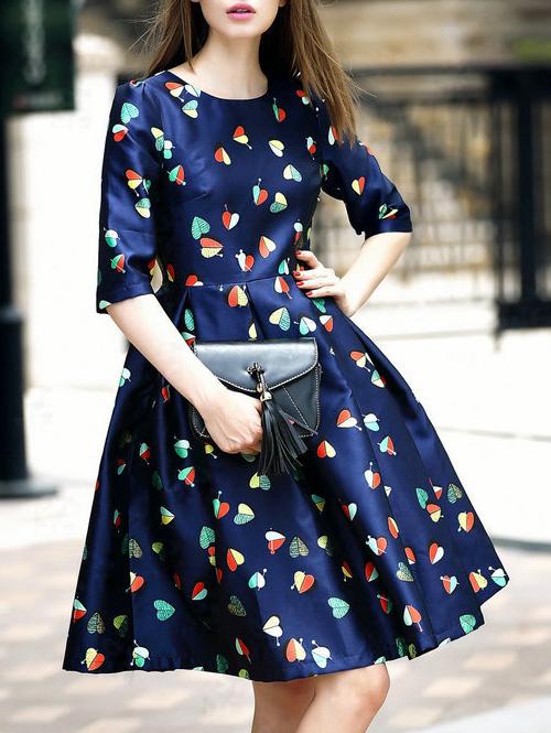 Romwe Navy Round Neck Half Sleeve Print Dress