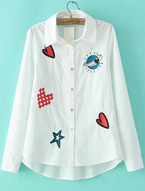 Romwe Heart Embroidered Dipped Hem Blouse