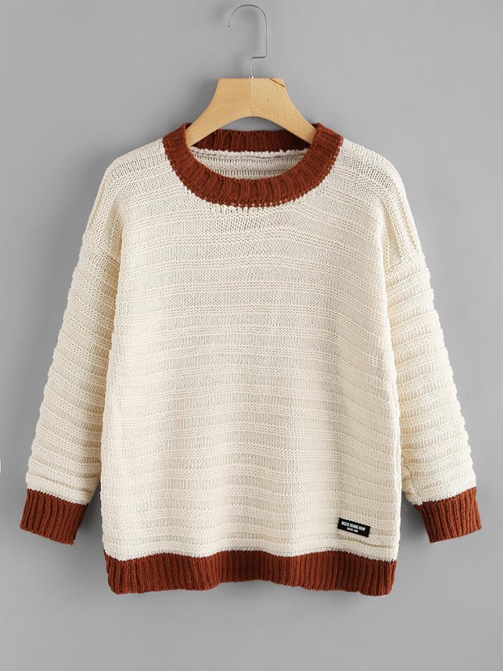 Romwe Contrast Trim Patch Detail Knit Sweater