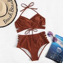 Romwe Lace-up Back Ruched Top With High Waist Bikini