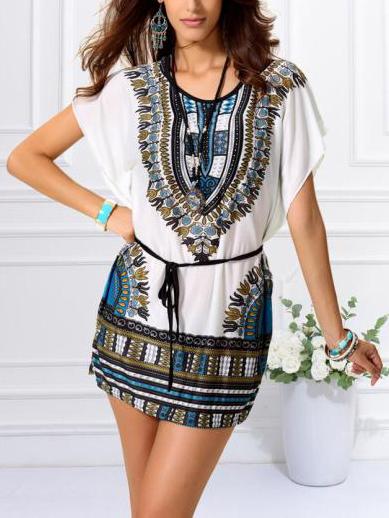 Romwe White Tribal Print Dolman Sleeve Dress