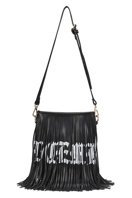 Romwe Black Letter Print Tassel Bag