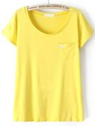 Romwe With Pocket Elephant Embroidered Yellow T-shirt