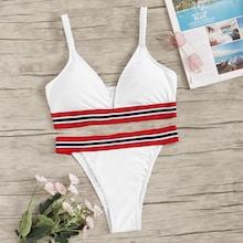 Romwe Striped Trim Plunge Neck Bikini Set