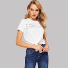 Romwe Letter Embroidered Rib-knit Knot Hem Tee