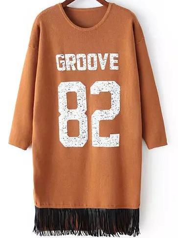 Romwe Letter Print Tassel Khaki Sweater Dress