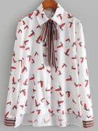 Romwe White Bird Print High Low Blouse With Striped Tie