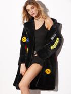 Romwe Black Patches Faux Fur Quilted Coat
