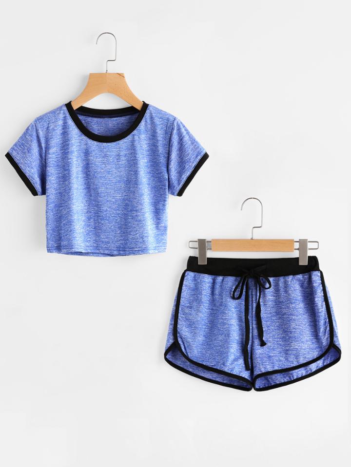 Romwe Ringer Slub Tee With Drawstring Waist Shorts