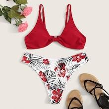 Romwe Spaghetti Strap Top With Random Tropical Print Bikini