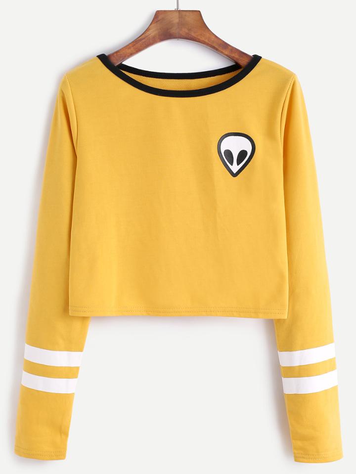 Romwe Yellow Alien Print Contrast Neck Striped Trim Crop T-shirt