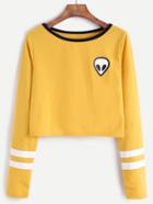 Romwe Yellow Alien Print Contrast Neck Striped Trim Crop T-shirt