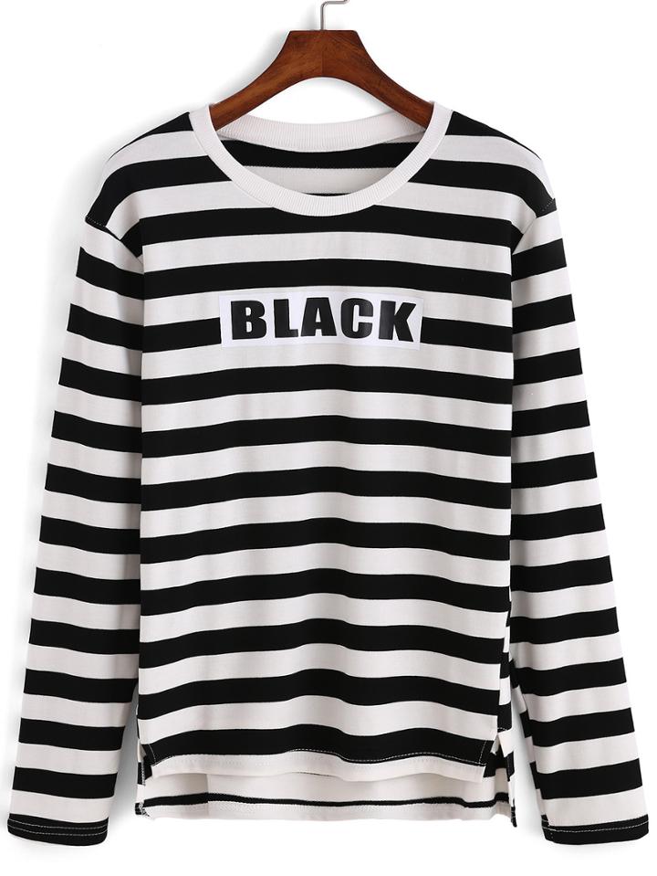 Romwe Striped Dip Hem Side Slit Sweatshirt