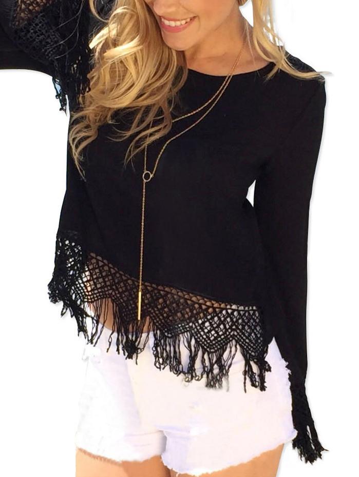 Romwe Lace Insert Tassel Chiffon Top