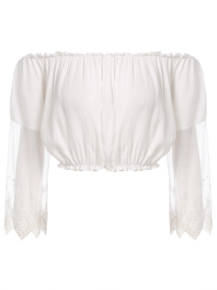 Romwe Off The Shoulder Lace Insert Crop White Shirt