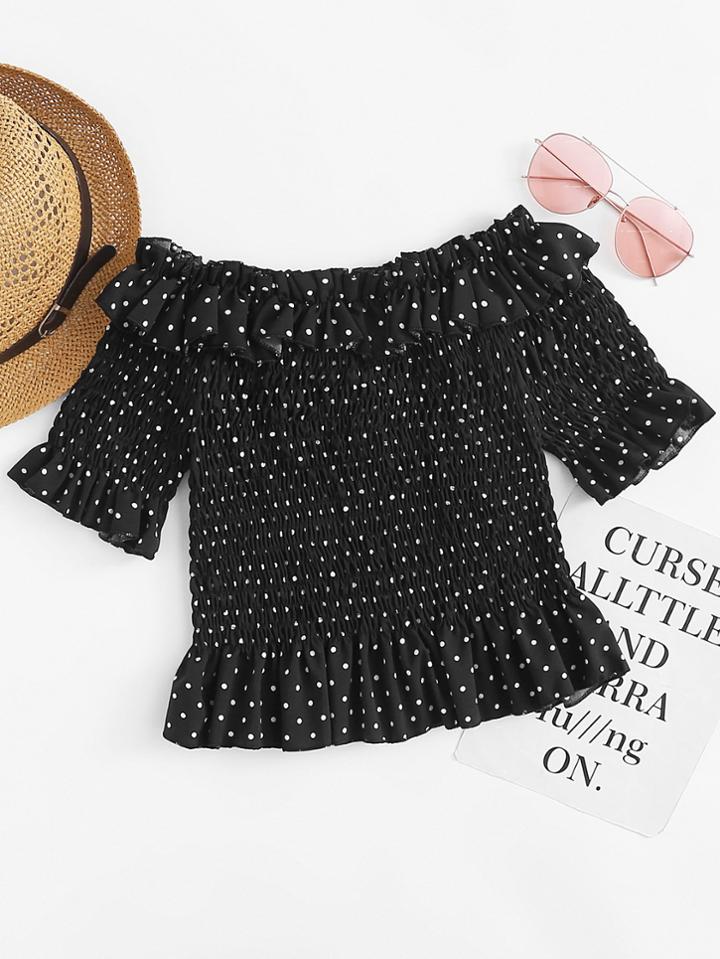 Romwe Frill Trim Polka Dot Pleated Top
