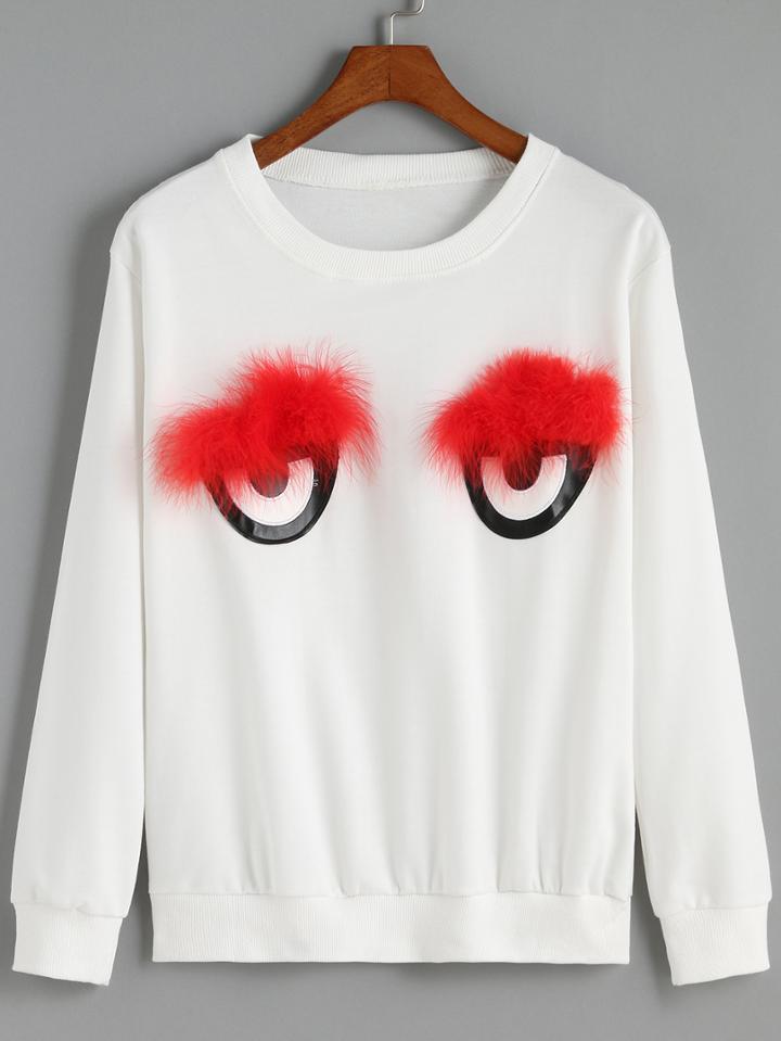 Romwe Eyes Pattern White Sweatshirt