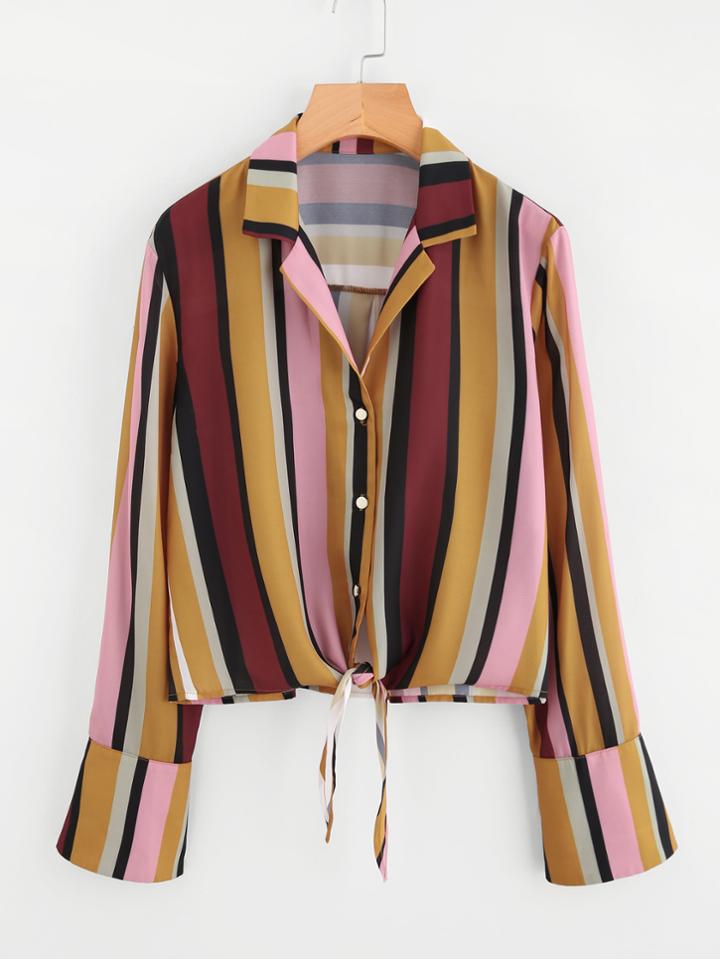 Romwe Knot Front Bell Cuff Striped Blouse
