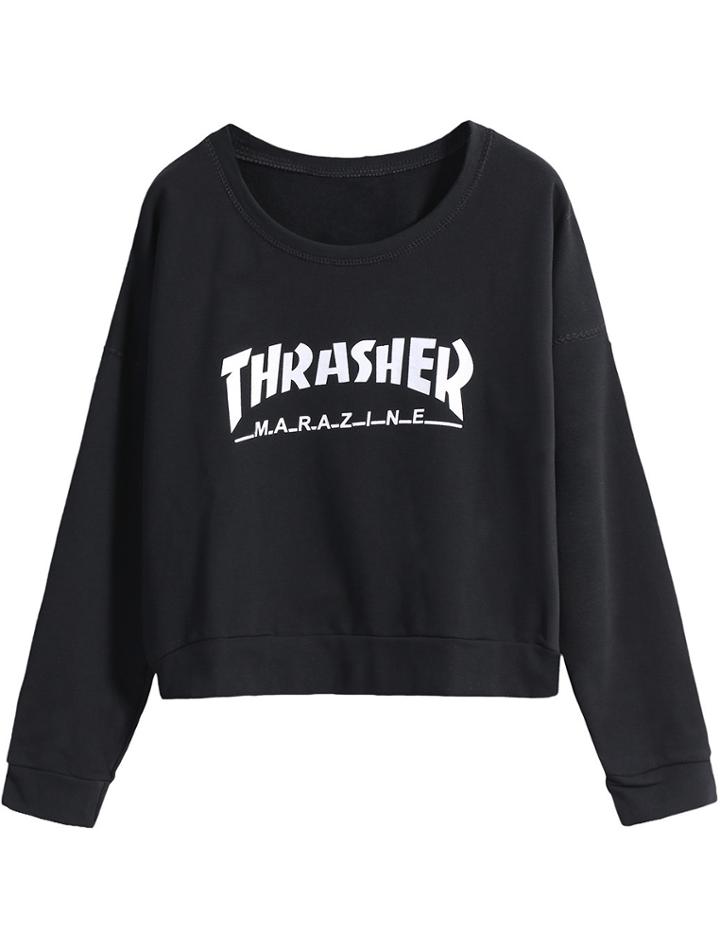 Romwe Thrasher Print Crop Black T-shirt