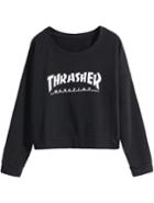 Romwe Thrasher Print Crop Black T-shirt