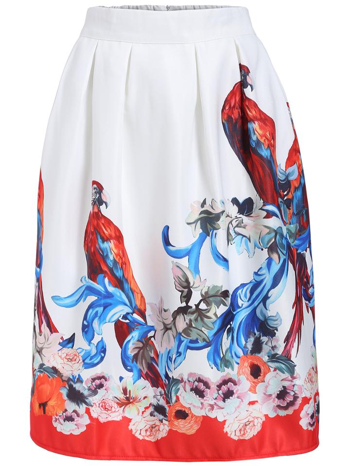 Romwe Elastic Waist Bird Print Florals Skirt