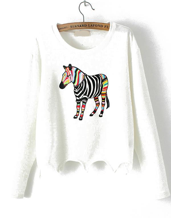 Romwe Zebra Print Crop White Sweatshirt