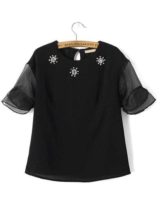 Romwe Contrast Mesh Bead Black Top