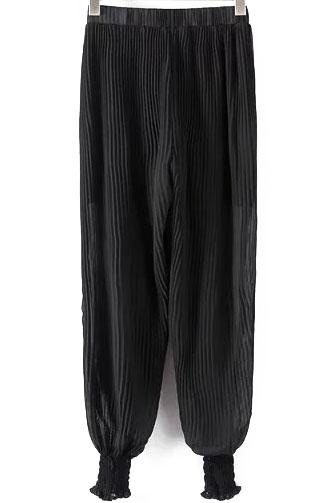 Romwe Elastic Waist Pleated Chiffon Beam Port Black Pant