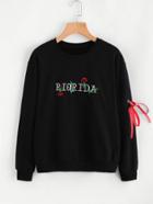 Romwe Embroidered Tie Side Ring Detail Sweatshirt