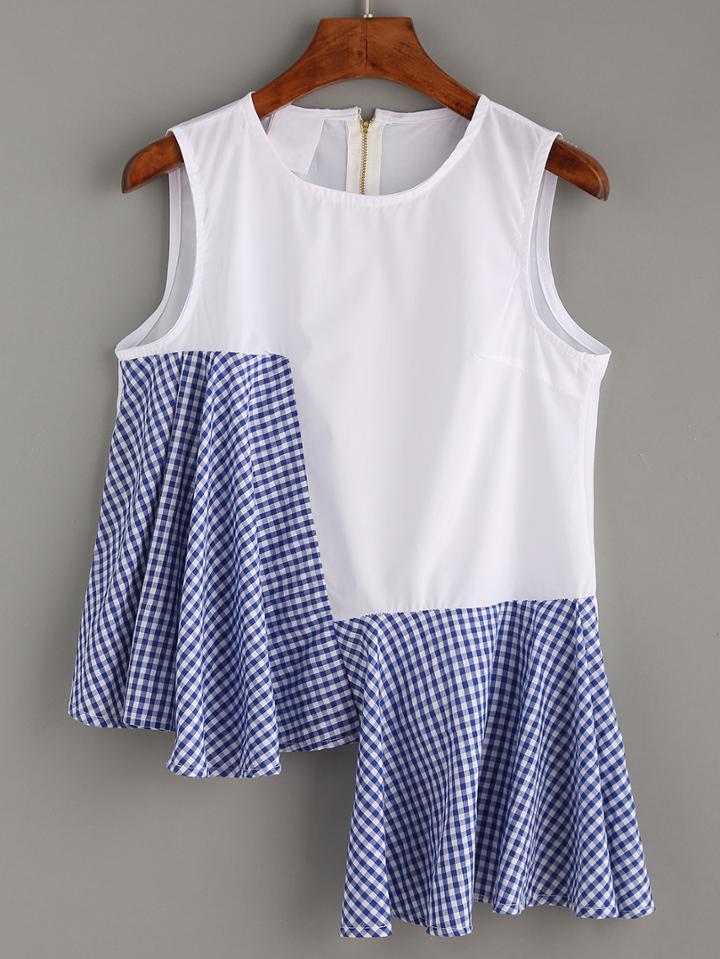 Romwe Contrast Asymmetric Checkerboard Trim Sleeveless Blouse