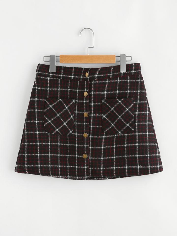 Romwe Single Breasted Dual Pocket Plaid Skirt
