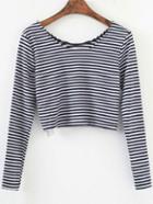 Romwe Black Striped Long Sleeve Crop T-shirt