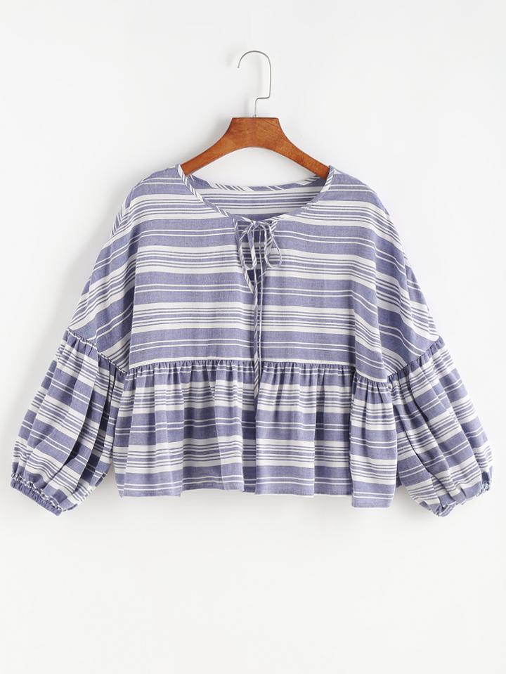 Romwe Striped Keyhole Tie Neck Lantern Sleeve Smock Top