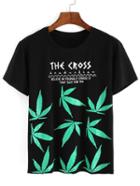 Romwe Leaves Print Black T-shirt