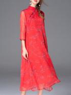 Romwe Red Collar Print Pockets Shift Midi Dress
