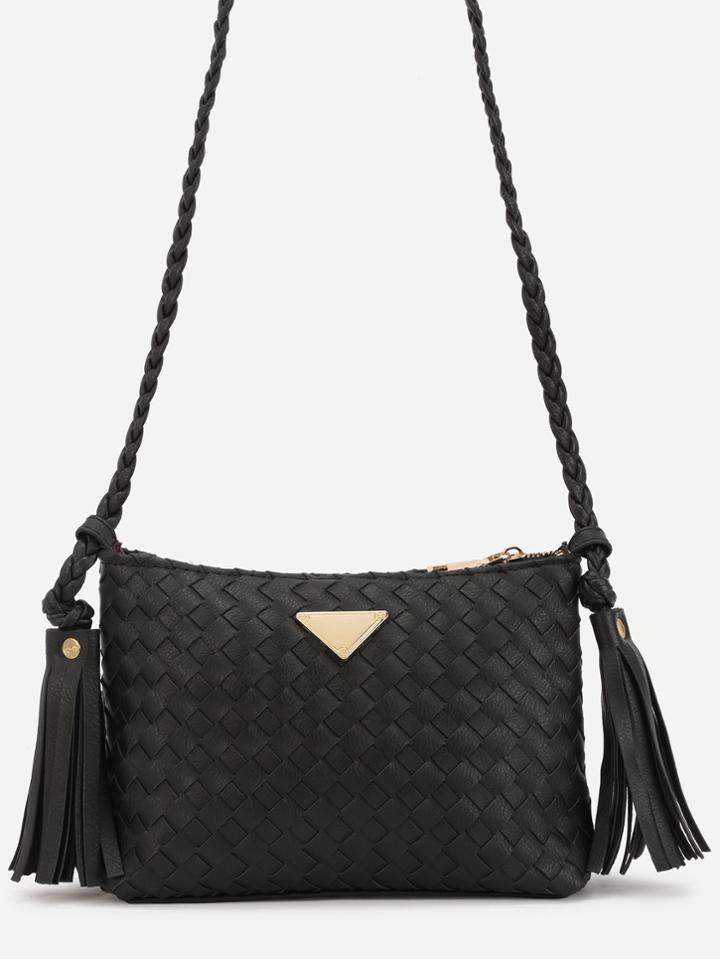 Romwe Black Woven Pu Tassel Trim Crossbody Bag