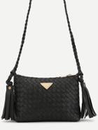 Romwe Black Woven Pu Tassel Trim Crossbody Bag