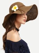 Romwe Coffee Flower Decorated Large Brimmed Straw Hat