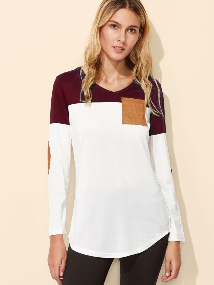 Romwe Color Block Elbow Patch Curved Hem T-shirt