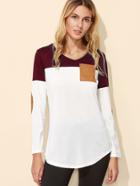 Romwe Color Block Elbow Patch Curved Hem T-shirt