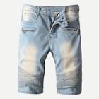 Romwe Guys Shirred & Zipper Detail Wash Denim Shorts