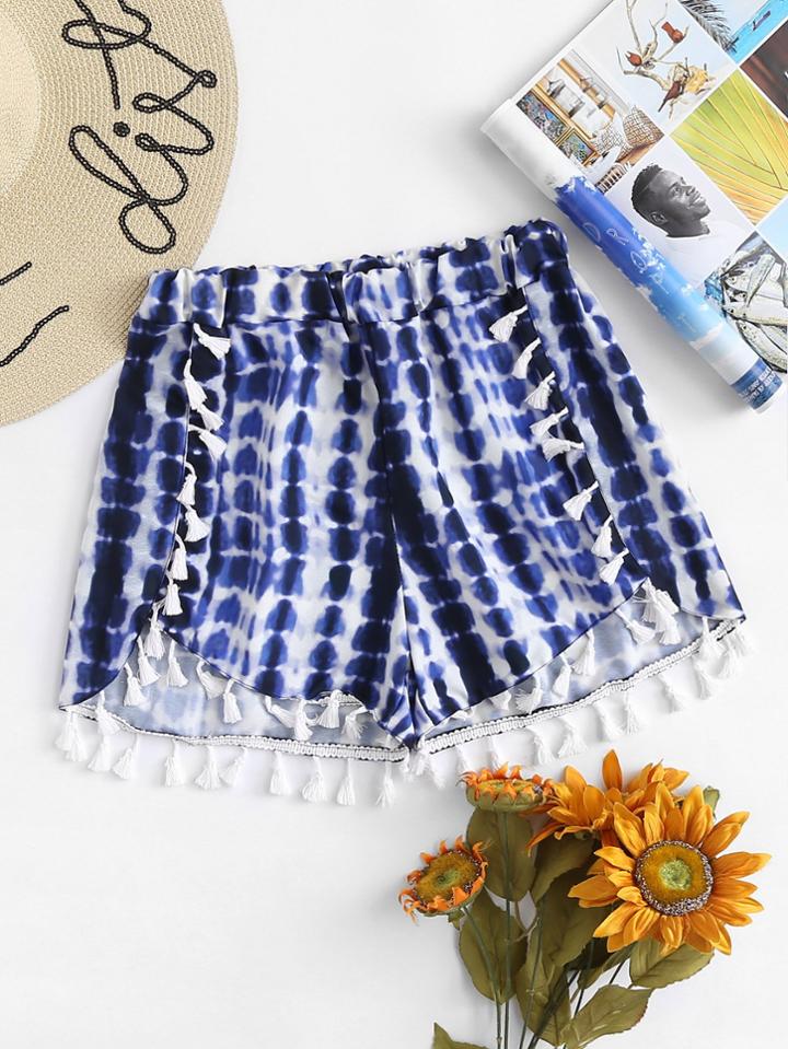 Romwe Fringe Trim Tie Dye Shorts