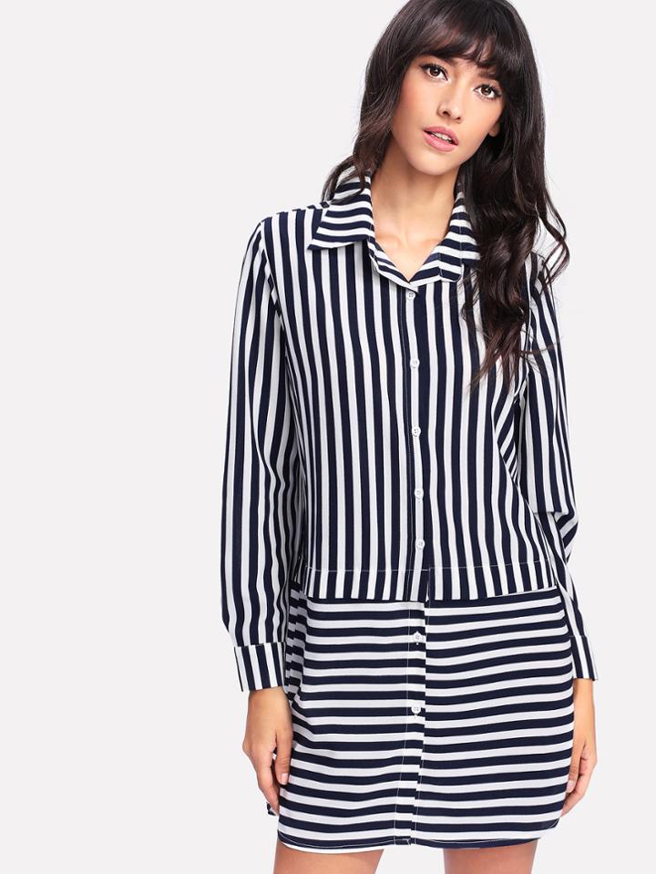 Romwe Contrast Striped Curved Hem Shirt Dress