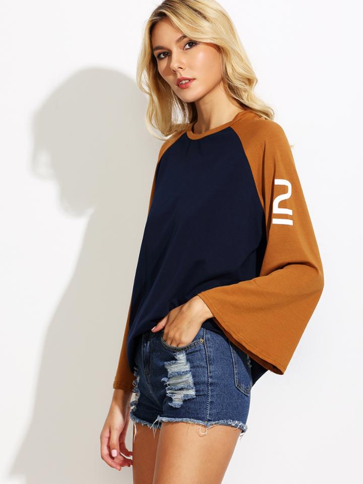 Romwe Color Block Print Raglan Sleeve T-shirt